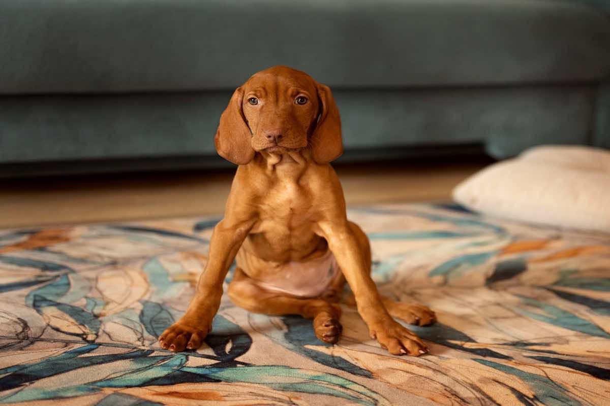 Cachorro de perro sentado y arrastrando el trasero en la alfombra