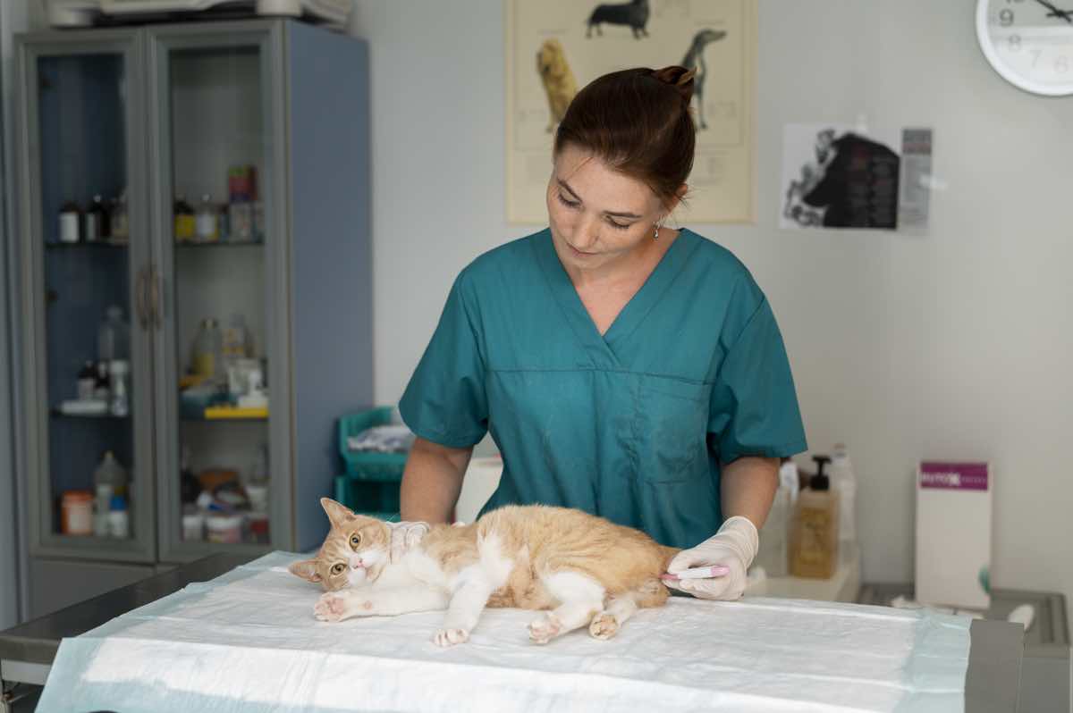Veterinarian examining a cat on the gurney
