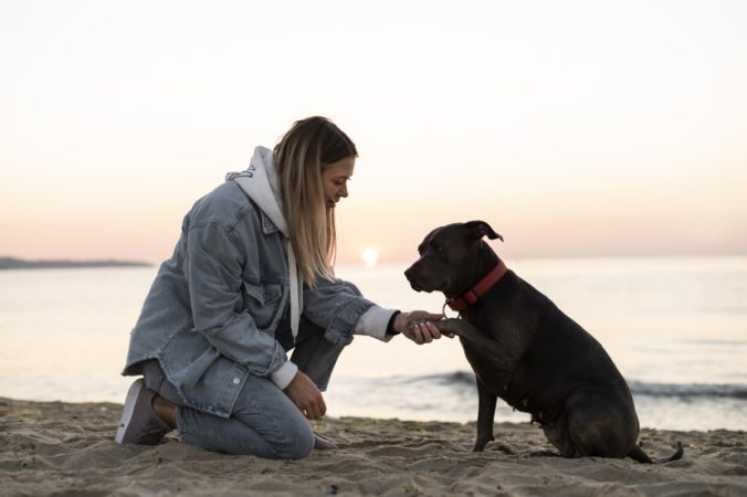 Woman on the beach holding her dog by the paw
