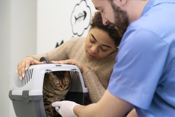 Mujer visitando con su gato a un veterinario